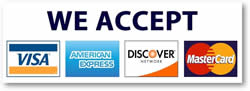 We accept Visa, Mastercard, American Express, and Discover